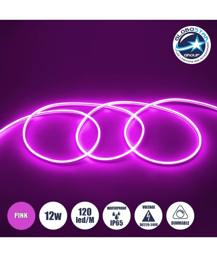 GLOBOSTAR® NEOVALE 70577 Ταινία Neon Flex LED 12W-m 600lm-m 120° DC 220-240V Αδιάβροχο IP65 120 x SMD2835 Chip-m Ροζ Dimmable - Sanan SMD Chip - Μ100 x Π0.8 x Υ1.6cm - 3 Χρόνια Εγγύηση